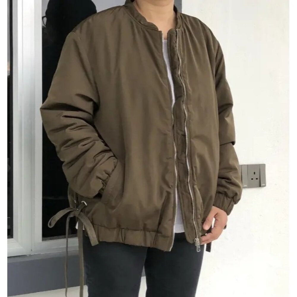 Zara trf Outerwear Quilted Bomber Jacket Lace Up Detail Olive Green Size Small